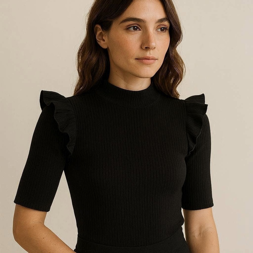 Quiet Luxury Dark Academia Rib-knit Mock Neck Top Ruffled Flutter Sleeves S‎